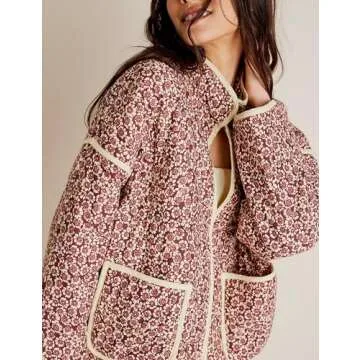 VAOYIU Women's Floral Puffer Jacket Cropped Vintage Printed Cardigan Lightweight Open Front Padded Q...