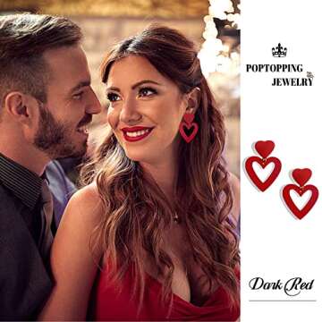 PopTopping Heart Drop Earrings Stylish Dark Red Jewelry