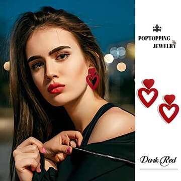 PopTopping Heart Drop Earrings Stylish Dark Red Jewelry