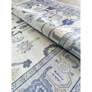 Cream Blue Oushak Rug, Modern Rugs, Vintage, Turkish, Eclectic, Floral, Pastel, Washable, Small Throw, Accent Area Rug for Living Room, Bedroom, Kitchen, Bathroom, 2'5"x4'9
