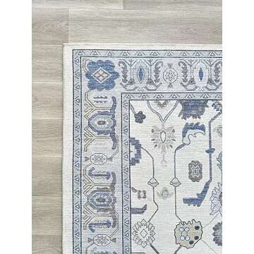 Cream Blue Oushak Rug, Modern Rugs, Vintage, Turkish, Eclectic, Floral, Pastel, Washable, Small Throw, Accent Area Rug for Living Room, Bedroom, Kitchen, Bathroom, 2'5"x4'9