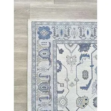 Cream Blue Oushak Rug, Modern Rugs, Vintage, Turkish, Eclectic, Floral, Pastel, Washable, Small Throw, Accent Area Rug for Living Room, Bedroom, Kitchen, Bathroom, 2'5"x4'9