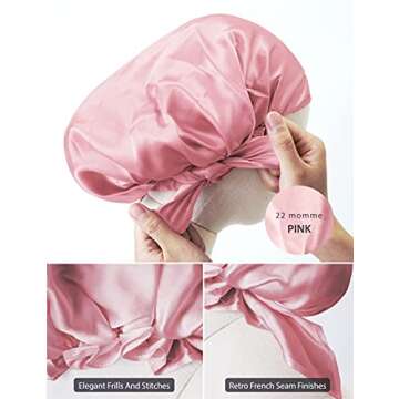 100% Silk Bonnet for Sleeping, Hair Bonnet with Tie Band, Large Silk Sleep Cap for Curly Hair, Silk Hair Wrap for Hair Care Rose Pink