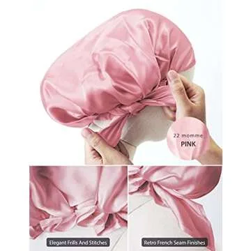 100% Silk Bonnet for Sleeping, Hair Bonnet with Tie Band, Large Silk Sleep Cap for Curly Hair, Silk Hair Wrap for Hair Care Rose Pink