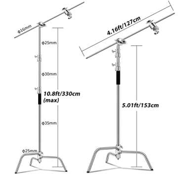C Stand with Boom Arm-Photography Light Stand - Max Height 10.5ft/320cm, with 4.2ft/128cm Holding Ar...