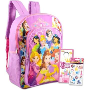Disney Princess Backpack for Girls Kids Toddlers ~ Deluxe 16" Princess School Bag Bundle Featuing Ariel, Cinderella, Rapunzel, and More (Disney Princess School Supplies)