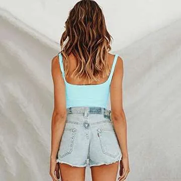 Women Y2k Blue Corset Like Going Out Ruched Crop Tank Top Cute Square Neck Double Lined Ruffle Brami...