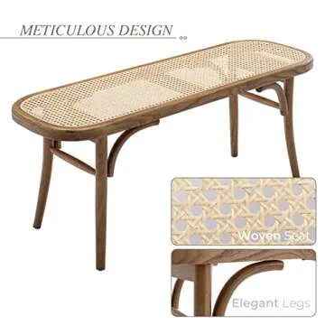 LZAREAL Farmhouse Wood Entryway Bench 45 Inch Rattan Cane Bench Indoor Boho Accent Bench with Woven Top for End of Bed Living Room Bedroom Hallway Foyer, Natrual Leg, Weave