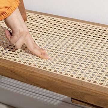 LZAREAL Farmhouse Wood Entryway Bench 45 Inch Rattan Cane Bench Indoor Boho Accent Bench with Woven Top for End of Bed Living Room Bedroom Hallway Foyer, Natrual Leg, Weave