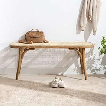 LZAREAL Farmhouse Wood Entryway Bench 45 Inch Rattan Cane Bench Indoor Boho Accent Bench with Woven Top for End of Bed Living Room Bedroom Hallway Foyer, Natrual Leg, Weave