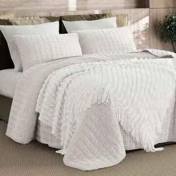 SHALALA Corduroy Quilt Queen Size 3 Pieces Bedding Set,Striped Bed Cover Cozy Bedspread Coverlet with 2 Matching Pillow Shams,Soft Lightweight Quilt Set for All Season(Ivory,Full/Queen)