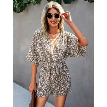 PRETTYGARDEN Women’s Floral Print Shorts Jumpsuit Wrap V Neck 3/4 Sleeve Casual Loose Oversized Romper With Pockets (Khaki, X-Large)
