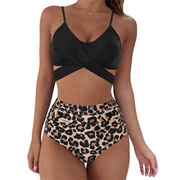 SUUKSESS Women High Waisted Bikini Criss Cross Swimsuits Push Up Bathing Suits (XL, Black Leopard)