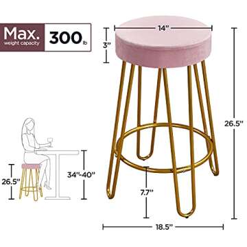 Yaheetech Bar Stools Set of 4, Velvet Round Counter Stools, Backless Counter Height Bar Chairs with Golden Legs for Kitchen Dining Room Pub Cafe, Pink