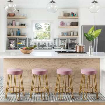 Yaheetech Bar Stools Set of 4, Velvet Round Counter Stools, Backless Counter Height Bar Chairs with Golden Legs for Kitchen Dining Room Pub Cafe, Pink