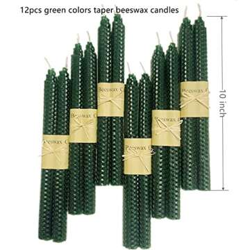 XIANGZHU Set of 12 Beeswax Dark Green Taper Candles, Premium Quality 10 Inch Smokeless Dripless Uncented Long Candles Smokeless and Dripless Household, Wedding, Party, and Home Décor