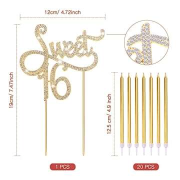 Sweet 16 Birthday Decorations Rhinestone Sweet 16 Cake Toppers, 20 Pcs Metallic Happy Birthday Candl...