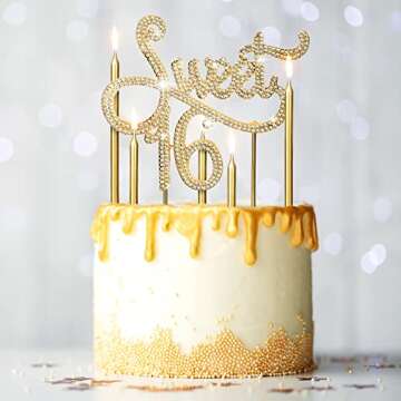 Sweet 16 Birthday Decorations Rhinestone Sweet 16 Cake Toppers, 20 Pcs Metallic Happy Birthday Candles Sweet 16 Cake Decorations for Birthday Cake Decor (Gold White)