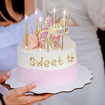 Sweet 16 Birthday Decorations Rhinestone Sweet 16 Cake Toppers, 20 Pcs Metallic Happy Birthday Candles Sweet 16 Cake Decorations for Birthday Cake Decor (Gold White)