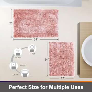 Civkor Bathroom Rugs Mats Set 2 Piece Pink Butter Chenille, Cute Bath Mat Rug Shiny Noodle with Non ...