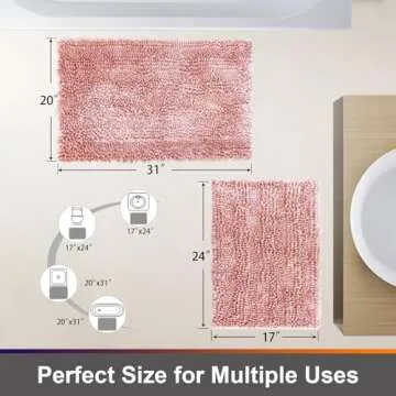 Civkor Bathroom Rugs Mats Set 2 Piece Pink Butter Chenille, Cute Bath Mat Rug Shiny Noodle with Non ...