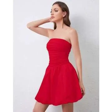 Ymejia Womens Ruched Strapless Mini Dress Bubble Slim Fit Back Smocked A Line Casual Flowy Short Tube Top Dress Red