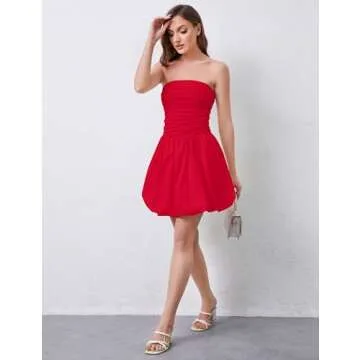 Ymejia Womens Ruched Strapless Mini Dress Bubble Slim Fit Back Smocked A Line Casual Flowy Short Tube Top Dress Red