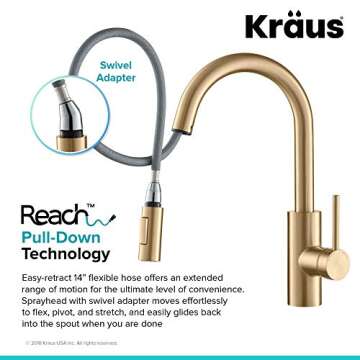 KRAUS Oletto Single Handle Pull Down Kitchen Faucet with QuickDock Top Mount Installation Assembly in Spot-Free Brushed Brass, KPF-2620BB