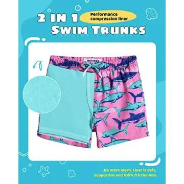 maamgic Boys Swim Trunks with Compression Liner Toddler Stretch Swim Shorts Quick Dry Swimming Trunks Boxer Brief 2 in 1 Beach Shorts Pink Blue Shark 5/6