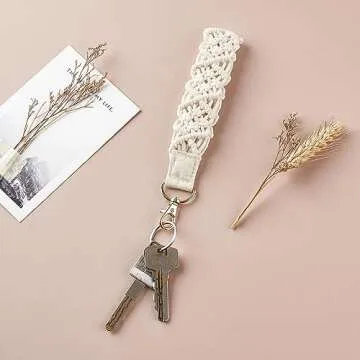 Mkono Macrame Key Chain Cute Keychain Wristlet Lanyard Boho Woven Wrist Lanyard for Keys, Key Chains for Car Key ID Badges Card Wallet Keyring Holder,Beige,6.7"