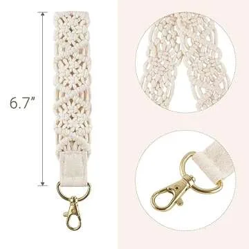 Mkono Macrame Key Chain Cute Keychain Wristlet Lanyard Boho Woven Wrist Lanyard for Keys, Key Chains for Car Key ID Badges Card Wallet Keyring Holder,Beige,6.7"