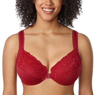 DELIMIRA Women's Front Closure Bras Plus Size Lace Full Coverage Underwire Unlined Bra Dark Red 46B