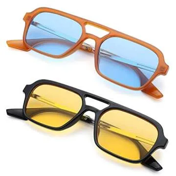 Hycredi Retro 70s Flat Aviator Sunglasses Trendy Vintage Square Glasses for Women Men Metal Design Shades UV Protection（Orange+Yellow