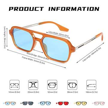 Hycredi Retro 70s Flat Aviator Sunglasses Trendy Vintage Square Glasses for Women Men Metal Design Shades UV Protection（Orange+Yellow