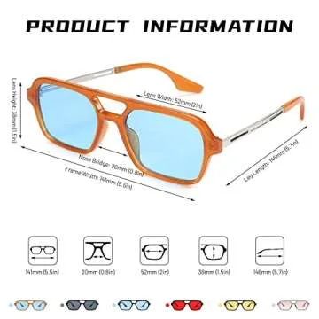 Hycredi Retro 70s Flat Aviator Sunglasses Trendy Vintage Square Glasses for Women Men Metal Design Shades UV Protection（Orange+Yellow