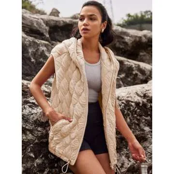 SENSERISE Womens Oversized Puffer Vest Sleeveless Quilted Jacket Zip Up Hoodie Winter Coat with Pockets Padded Gilet(Light Khaki,L)