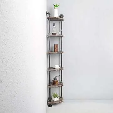 MBQQ Industrial Pipe Shelves Modern/Rustic Corner Book Shelves with Real Wood,Corner 6-Tier Bookshelf Display Stand,Metal Standing Home Decor Shelf Units