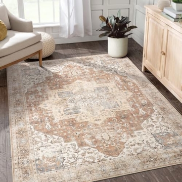 DTICON Washable Rug 5x7 Area Rugs: Boho Vintage Distressed Oriental Medallion Neutral Thin Rug Carpe...