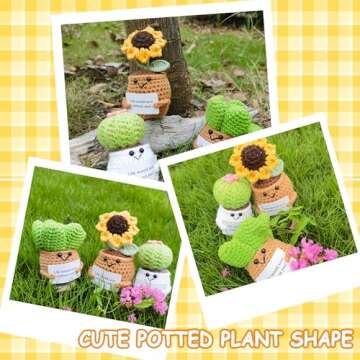 Funny Mini Positive Sunflower - Cute Crochet Doll with Positive Card, Handmade Knitted Cactus Toy De...