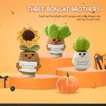 Funny Mini Positive Sunflower - Cute Crochet Doll with Positive Card, Handmade Knitted Cactus Toy Decoration Encouragement Support Gifts for Women Birthday Christmas Room Decor (Succulent Plan)