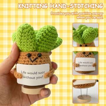 Funny Mini Positive Sunflower - Cute Crochet Doll with Positive Card, Handmade Knitted Cactus Toy Decoration Encouragement Support Gifts for Women Birthday Christmas Room Decor (Succulent Plan)