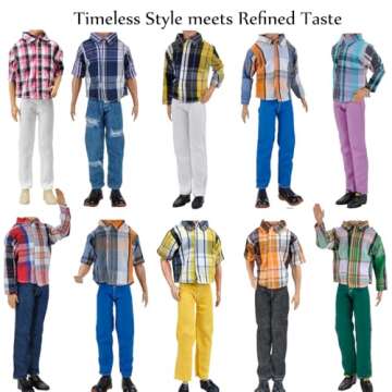 E-TING 10-Item Fantastic Pack = 1 Black-tie Suit with a Shirt + 3 Sets of Casual Wear Clothes Outfit + 1 pc Swim Trunks +5 Pairs Shoes for boy Doll Random Style