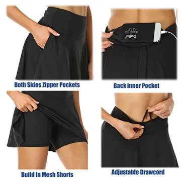 Oalka Women's Pleated Skirt with Pockets High Waist Sports Athletic Running Shorts Golf Tennis Skorts Navy Blue Large