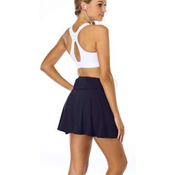 Oalka Women's Pleated Skirt with Pockets High Waist Sports Athletic Running Shorts Golf Tennis Skorts Navy Blue Large