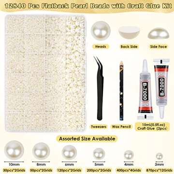 B7000 Rhinestone Bead Glue with Half Pearl for Crafts, 12900Pcs Ivory Flatback Pearls Assorted Size ...