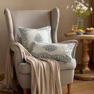 ISAENNE Design Linen Square Throw Pillow Covers 18"x18" Pack of 2, Cottage Farmhouse Cushion Covers with Blue Grey Thorn Vine Pattern Decoration Pillowcases for Bed, Living Room, Outdoor, Car