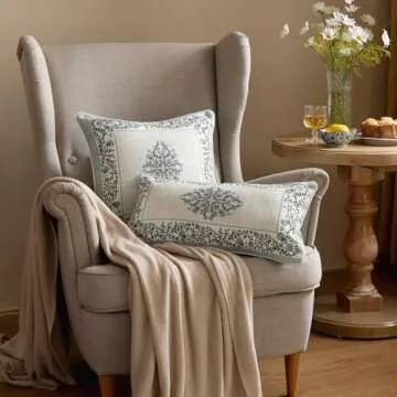 ISAENNE Design Linen Square Throw Pillow Covers 18"x18" Pack of 2, Cottage Farmhouse Cushion Covers with Blue Grey Thorn Vine Pattern Decoration Pillowcases for Bed, Living Room, Outdoor, Car