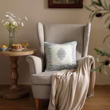 ISAENNE Design Linen Square Throw Pillow Covers 18"x18" Pack of 2, Cottage Farmhouse Cushion Covers with Blue Grey Thorn Vine Pattern Decoration Pillowcases for Bed, Living Room, Outdoor, Car