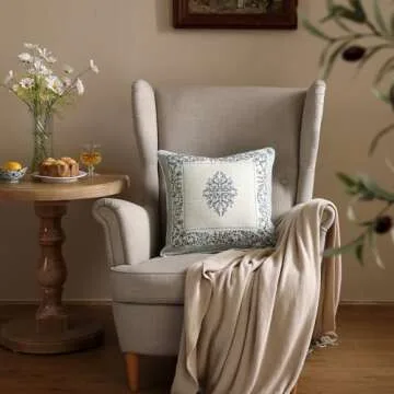 ISAENNE Design Linen Square Throw Pillow Covers 18"x18" Pack of 2, Cottage Farmhouse Cushion Covers with Blue Grey Thorn Vine Pattern Decoration Pillowcases for Bed, Living Room, Outdoor, Car