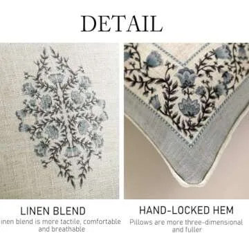 ISAENNE Design Linen Square Throw Pillow Covers 18"x18" Pack of 2, Cottage Farmhouse Cushion Covers with Blue Grey Thorn Vine Pattern Decoration Pillowcases for Bed, Living Room, Outdoor, Car